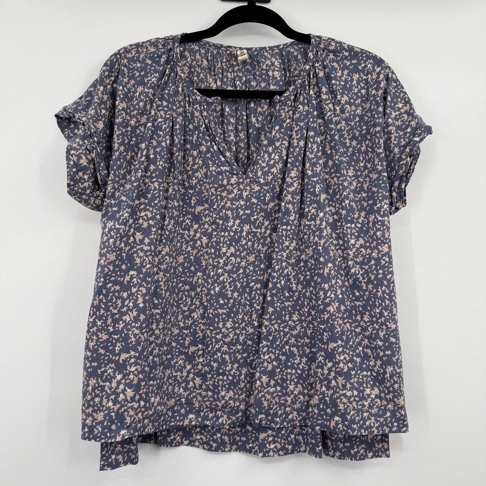 MIRTH Tunic Blouse Womens M Blue Floral V-Neck Short Sleeve Pleated Lightweight